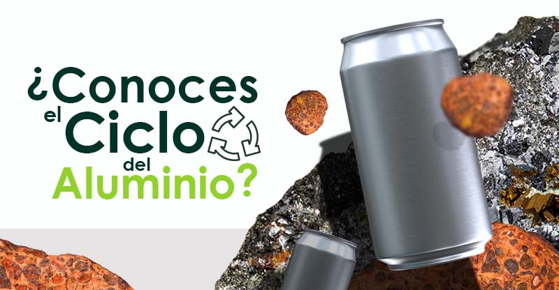 Imagen con lata de aluminio e imágenes de diferentes minerales de los ciclos de procesamiento de aluminio