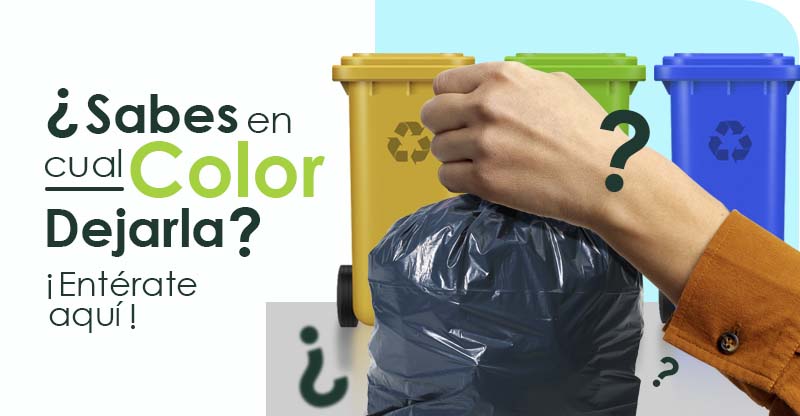 imagen con mano y bolsa de residuos reciclándola en un contenedor de colores