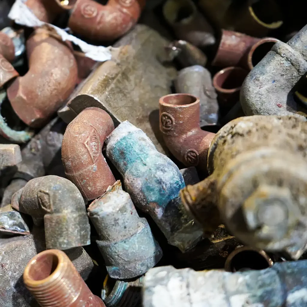 muchas piezas de uniones y tuberías de bronce