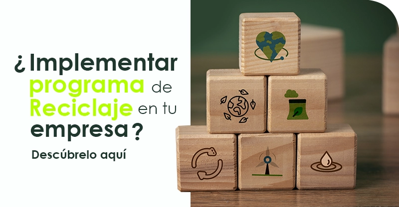Imagen para nuevo post de implementación de plan de residuos con tacos de madera y símbolos del medio ambiente