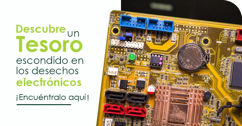 Imagen con texto sobre los desechos electrónicos, con una placa madre de computadora